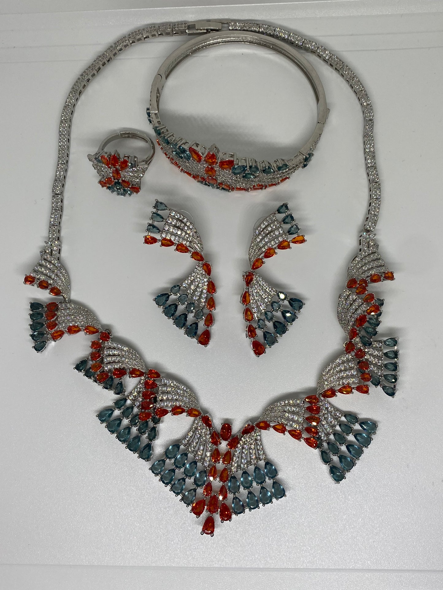 White Gold Plated 4-Piece Multicolor Jewelry Set with Cubic Zirconia | Necklace, Bracelet, Ring & Earrings