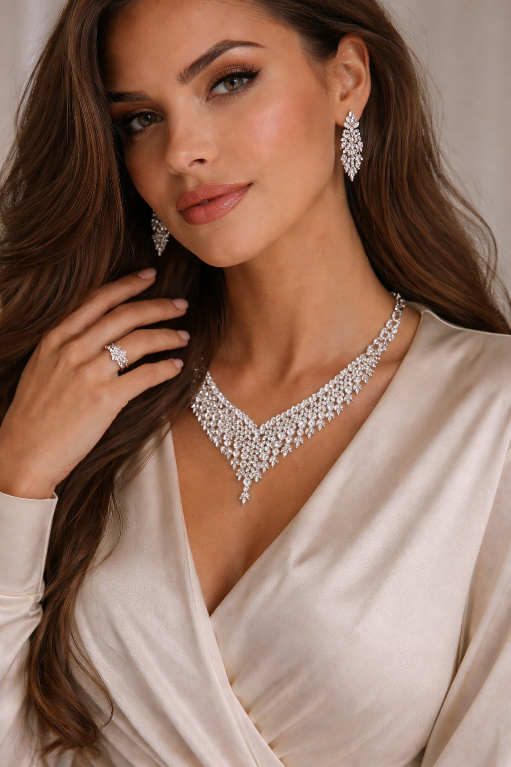 White Gold Plated Jewelry Set with Cubic Zirconia – Adjustable Ring